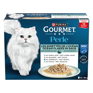 Gourmet Perle Ocean Flakes in Saus Kabeljauw / Zalm / Schol / Koolvis kattenvoer natvoer 12x85 gr