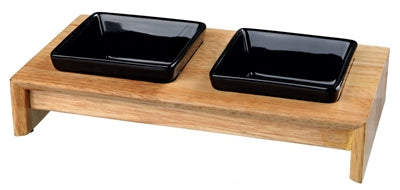 TRIXIE VOERSET KERAMIEK MET HOUTEN ONDERSTEL ZWART 200 ML 28X15X5 CM