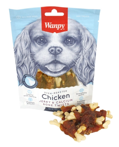 Wanpy Oven-roasted Chicken Jerky / Calcium Bone Twists hondensnacks kauwsnack 100 gr