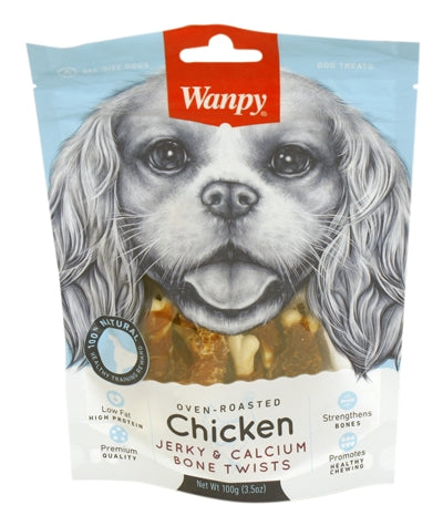 Wanpy Oven-roasted Chicken Jerky / Calcium Bone Twists hondensnacks kauwsnack 100 gr