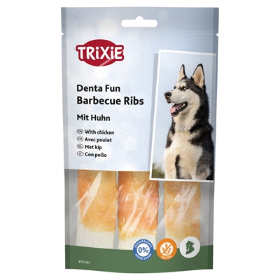Trixie Denta Fun Chicken Chewing Barbecue Ribs hondensnacks kauwsnack 12 cm 3 st 90 gr