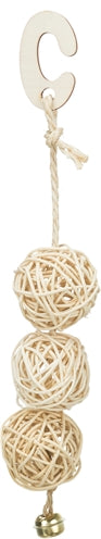 Trixie 3 Rotan Ballen Met Bel Aan Touw Naturel vogelspeelgoed 24 cm