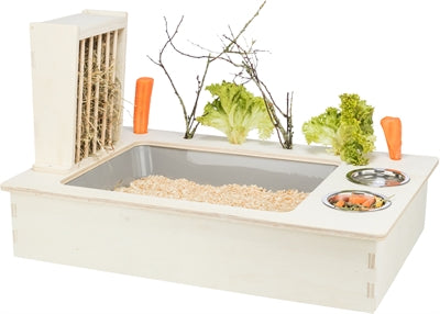 TRIXIE VOEDERSTATION MET VOERBAK / WATERBAK / HOOIRUIF HOUT NATUREL 70X47X41 CM