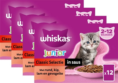 Whiskas Multipack Pouch Junior Classic Selectie Vlees in Saus kattenvoer natvoer 4x12x85 gr