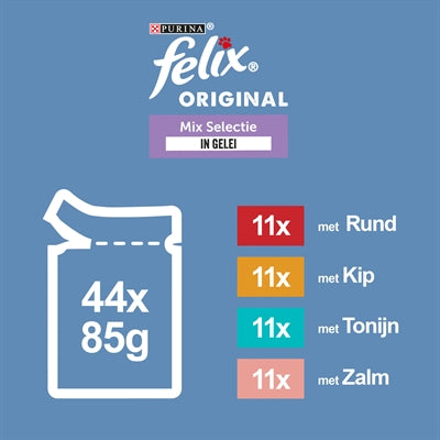 Felix Pouch Original in Gelei Mix Box Rund / Kip / Tonijn / Zalm kattenvoer natvoer 44x85 gr