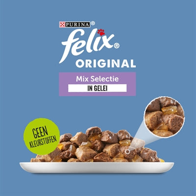 Felix Pouch Original in Gelei Mix Box Rund / Kip / Tonijn / Zalm kattenvoer natvoer 44x85 gr