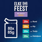 Felix Pouch Elke Dag Feest in Gelei Tonijn / Kabeljauw / Rund / Kip kattenvoer natvoer 80x85 gr