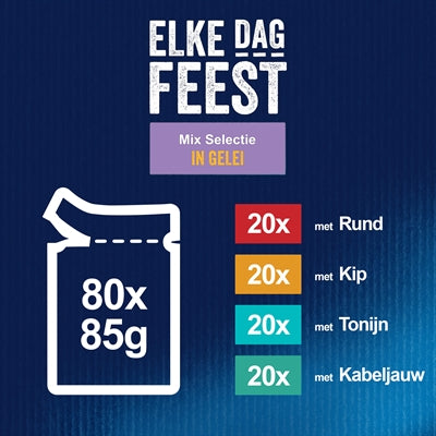 Felix Pouch Elke Dag Feest in Gelei Tonijn / Kabeljauw / Rund / Kip kattenvoer natvoer 80x85 gr