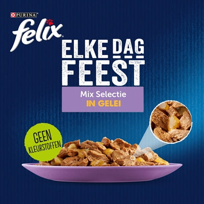 Felix Pouch Elke Dag Feest in Gelei Tonijn / Kabeljauw / Rund / Kip kattenvoer natvoer 80x85 gr