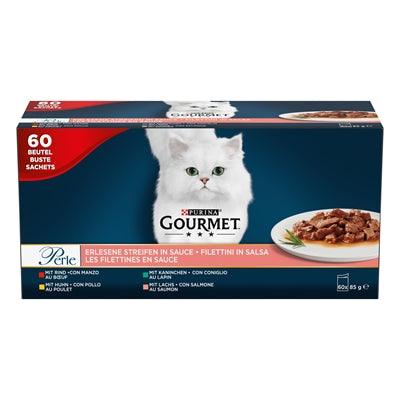 GOURMET PERLE MINI FILETS IN SAUS KIP / KONIJN / RUND / ZALM 60X85 GR