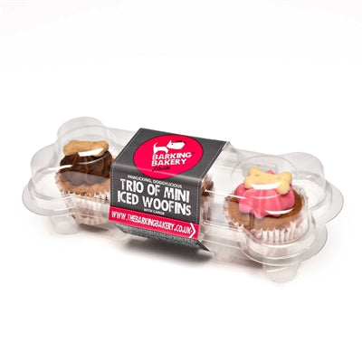 The Barking Bakery Mini Iced Woofins Vanilla en Carob Trio Assorti hondenkoekjes