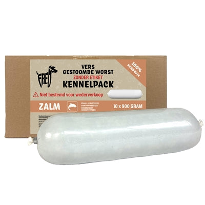 Freds Gestoomd Vers Vlees Worst Kennelpack Zalm Graan en Glutenvrij hondenvoer natvoer 10x900 gr