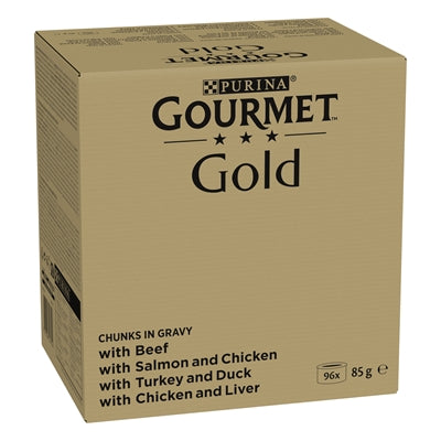 Gourmet Gold Chinks in Gravy Rund / Zalm / Kalkoen / Kip kattenvoer natvoer 96x85 gr