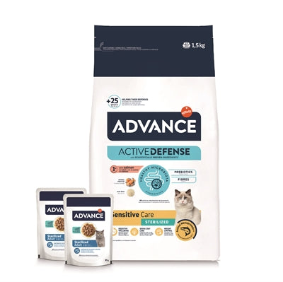 ADVANCE CAT STERILIZED SENSITIVE SALMON + 2 POUCHES CODFISH 1,5 KG + 2X85 GR