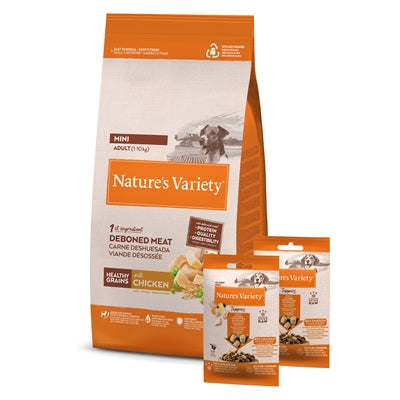 NATURES VARIETY ORIGINAL ADULT MINI CHICKEN MET 2 FREEZE DRIED TOPPERS 1,5 KG + 2X120 GR