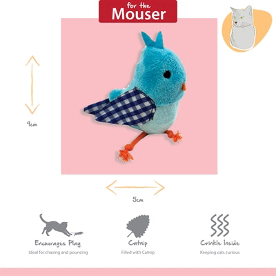 Happy Pet Tabby Patch Vogel Blauw kattenspeelgoed 11 cm en 9 cm