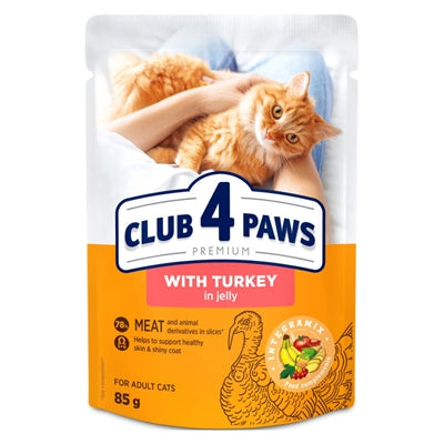 CLUB 4 PAWS PREMIUM ADULT POUCH KALKOEN IN GELEI 24X85 GR