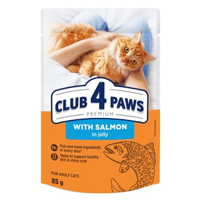 CLUB 4 PAWS PREMIUM ADULT POUCH ZALM IN GELEI 24X85 GR