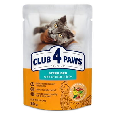 CLUB 4 PAWS PREMIUM ADULT STERILISED POUCH KIP IN GELEI 24X80 GR