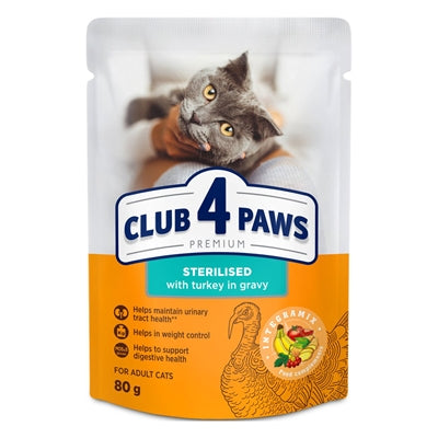 CLUB 4 PAWS PREMIUM ADULT STERILISED POUCH KALKOEN IN SAUS 24X80 GR