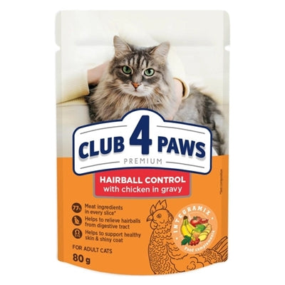 CLUB 4 PAWS PREMIUM ADULT HAIRBALL CONTROL POUCH KIP IN SAUS 24X80 GR