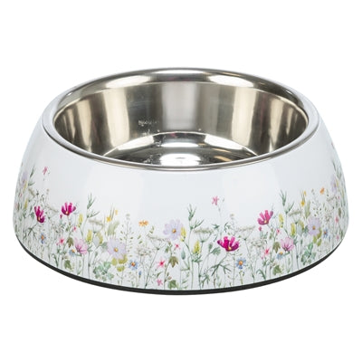 TRIXIE VOERBAK / DRINKBAK BLOEMMOTIEF RVS WIT / MEERKLEURIG 14X14X4,5 CM