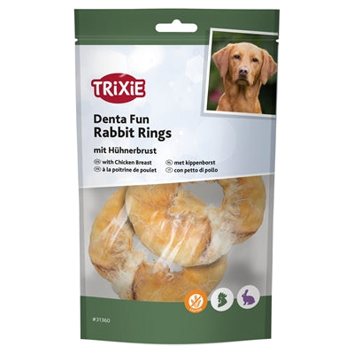 Trixie Denta Fun Rabbit Rings Met Kippenborst hondensnacks kauwsnack 9,5 cm 100 gr