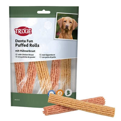 Trixie Denta Fun Puffed Rolls Met Kippenborst hondensnacks kauwsnack 100 gr