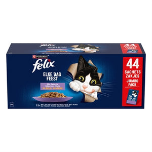 Felix Pouch Elke Dag Feest in Gelei Mix Box Tonijn / Zalm / Rund / Kip kattenvoer natvoer 44x85 gr