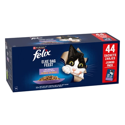 Felix Pouch Elke Dag Feest in Gelei Mix Box Tonijn / Zalm / Rund / Kip kattenvoer natvoer 44x85 gr