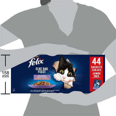 Felix Pouch Elke Dag Feest in Gelei Mix Box Tonijn / Zalm / Rund / Kip kattenvoer natvoer 44x85 gr