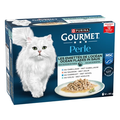 Gourmet Perle Ocean Flakes in Saus Kabeljauw / Zalm / Schol / Koolvis kattenvoer natvoer 12x85 gr